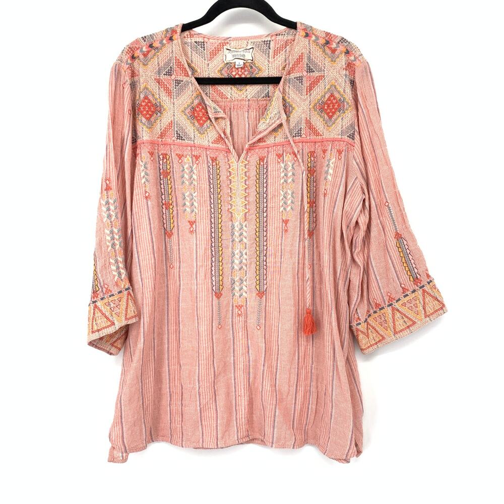 Johnny Was Workshop Tunic Womens L Coral Stripe Southwest Embroidered Tassel